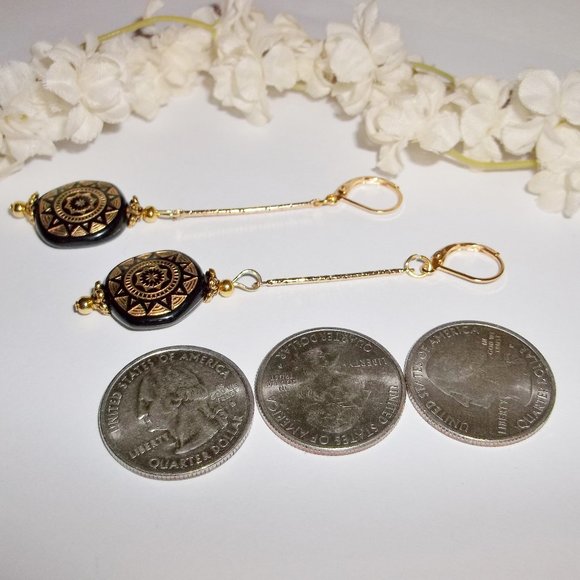 Long Earrings Black & Gold Beaded Tribal Edgy 6409 - Picture 6 of 12